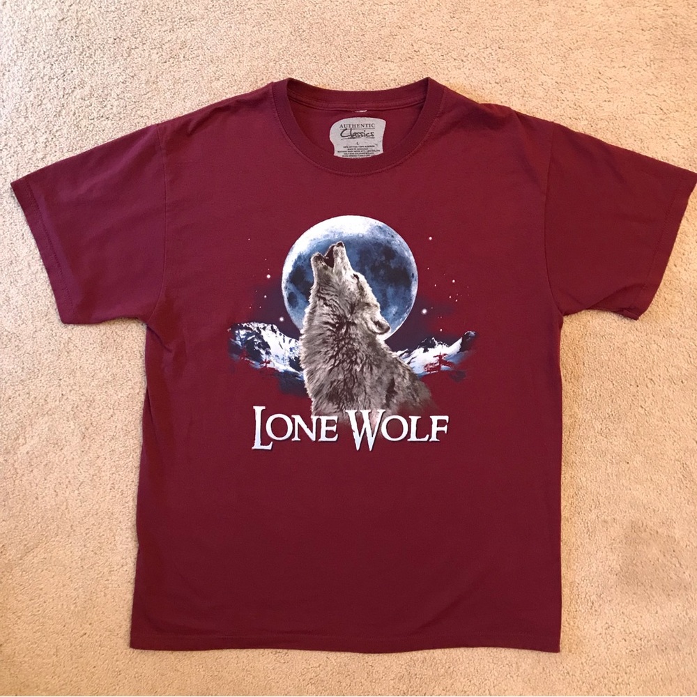Lone Wolf Graphic T Shirt Mens Large Burgundy Cotton Howling Moon y2k Streetwear